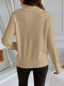 SHEIN Essnce 女款純色高領毛絨針織毛衣 - 卡其色 - 查看 2