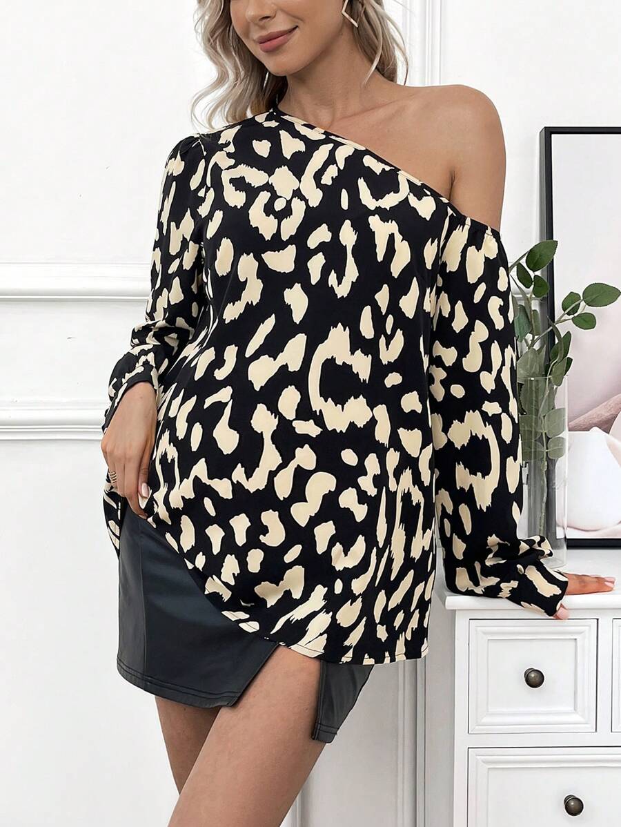 SHEIN 孕婦斜領長袖襯衫 - 黑色 - 查看 1