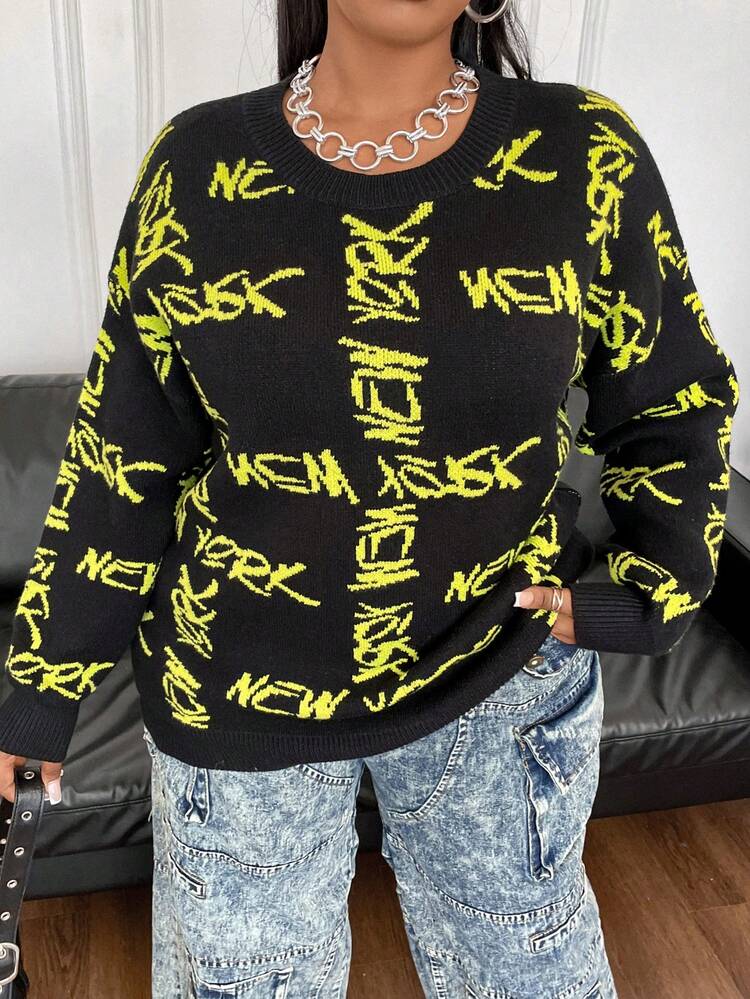 Plus Size Alphabet Jacquard Pullover Sweater Knit Pullover Fall Winter Sweater