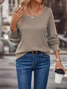SHEIN LUNE Ribbed Knit Long Sleeve T-shirt - Khaki - View 5