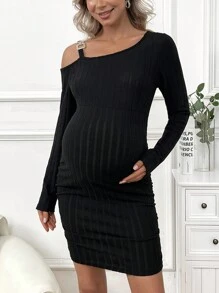 SHEIN Thai sản Bất đối xứng Vòng cổ Sọc Thon gọn Váy bodycon - màu đen - Xem 1