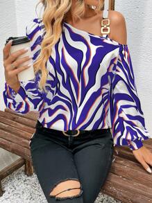 SHEIN LUNE Áo sơ mi cổ bất đối xứng in hình ngựa vằn cho nữ - Nhiều màu - Xem 5