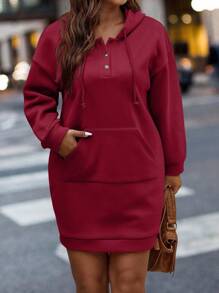 SHEIN LUNE Vestido tipo sudadera con capucha, bolsillo tipo canguro, hombros caídos y cordón ajustable, térmico para invierno, talla grande