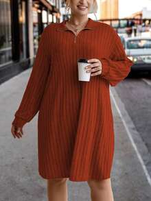 SHEIN CURVE+ Vestido De Mujer Con Hombros Caídos Y Solapa De Talla Grande - Óxido marrón - Ver 6