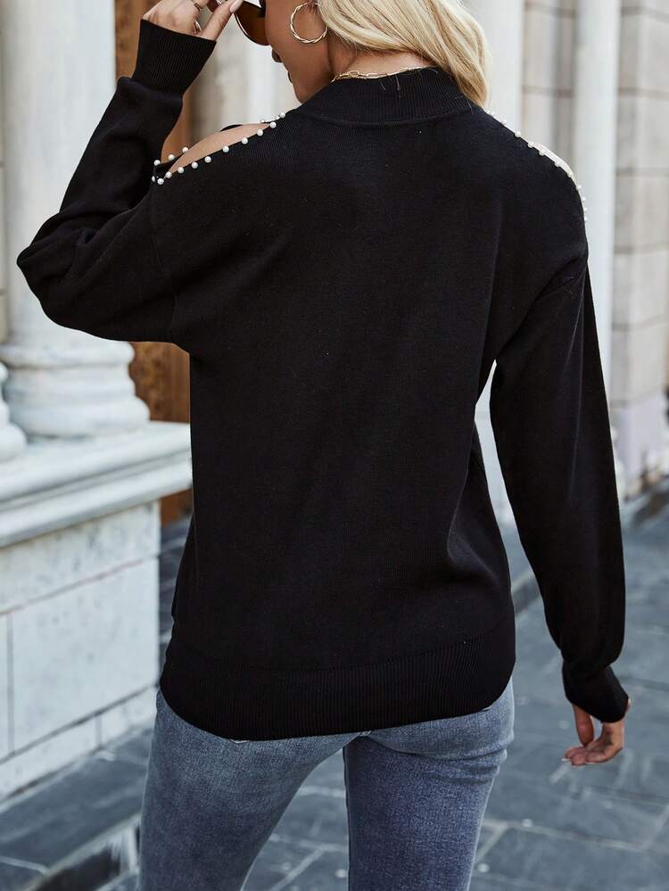 Ladies' Faux Pearl Bead Embellished Cold Shoulder Neckline Casual Knit Pullover Fall Winter Sweater