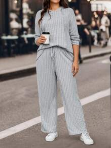 SHEIN LUNE 女士加大碼純色條紋束口t恤和褲子兩件套裝 - 灰色 - 查看 2