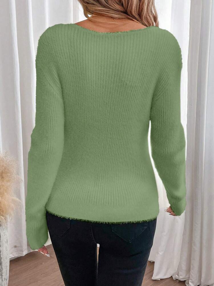 Ladies' Twisted Knit Sweater With Fringed Hem Winter Green Casual Christmas