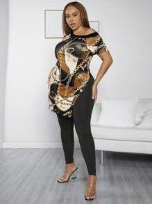 SHEIN SXY Plus Size Chain Print Asymmetrical Neck High Slit Top With Leggings Two Piece Set - Multicolor - View 5