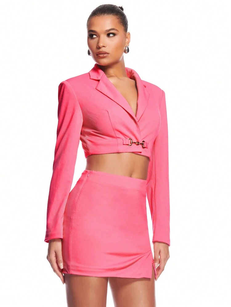 Pink Metal Buckle Truncated Avant-Garde Ins Style Sweet Blazer Slit Skirt Suit Suit