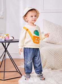 SHEIN 男婴卡通恐龙图案圆领落肩卫衣和牛仔效果松紧腰裤套装 - 彩色 - 查看 6