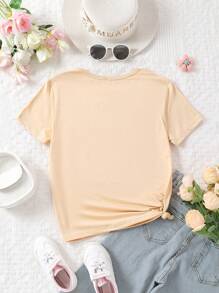 SHEIN 少女字母印花夏季T恤 - 卡其色 - 查看 2