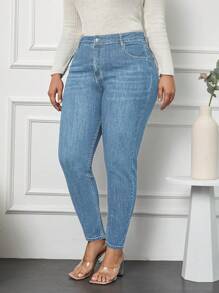 SHEIN Cottnline Plus Size High Waist Skinny Jeans - Light Wash - View 3