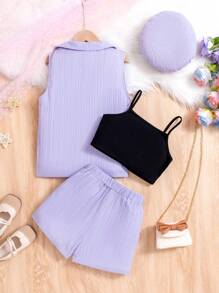 少女休閒4件套裝,包括無袖西裝外套、純色背心、彈性腰短褲和帽子 - 淡紫色 - 查看 2