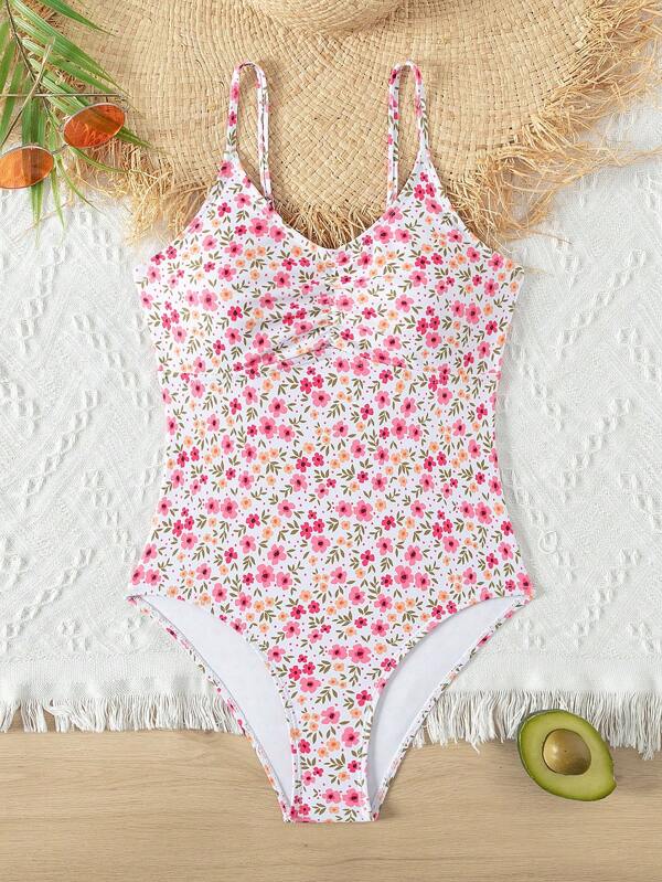 Tween Girl Floral Print V Neck One-Piece Swimsuit