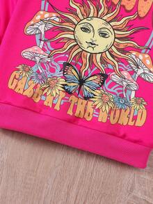 SHEIN 女孩復古美式抽象圖案印花圓領長袖衛衣 - 玫紅色 - 查看 6