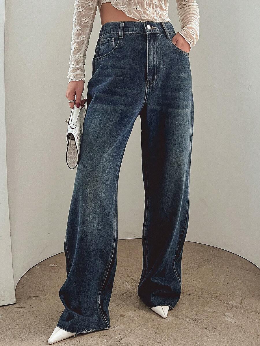 Dazy Tall 女裝鬆身牛仔褲,帶有磨損邊緣處理 - 藍色 - 查看 1