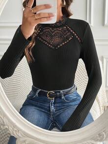 SHEIN Frenchy 女款拼布蕾絲羅紋 T 卹 - 黑色 - 查看 5