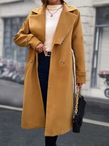 SHEIN LUNE Turn-down Collar Double Breasted Coat With Belt - Khaki - View 4