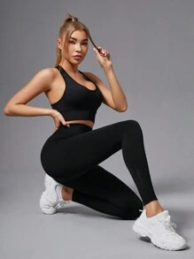 Women's High Waist Tummy Control Seamless Yoga Leggings With Butt Lifting Effect - Black - View 4