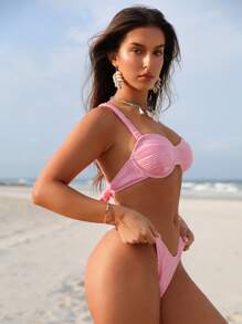 SHEIN Swim Summer Ladies' Texture Fabric Crossed Design Separates Suit - Pink - View 3