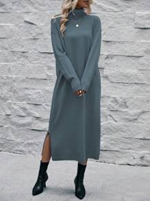 SHEIN LUNE Women's High Neck Side Slit Sweater Dress - Blue - View 1