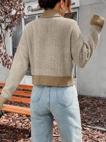 SHEIN Unity Women's Color Block Collared Casual Knit Pullover Fall Winter Sweater - Camel - View 2