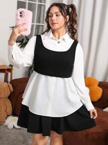 SHEIN EZwear Blusa de manga larga para mujeres de talla grande con paneles de contraste con bloques de color - Blanco y Negro - Ver 1