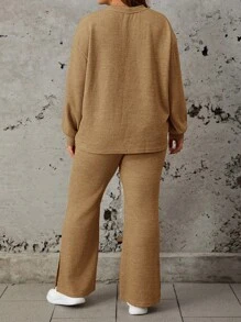 SHEIN LUNE 大尺寸女士垂肩上衣和喇叭褲套裝 - 駝色 - 查看 2