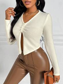 Zolique Women's Split Hem V-Neck Knit Pullover Fall Winter Sweater - White - View 7
