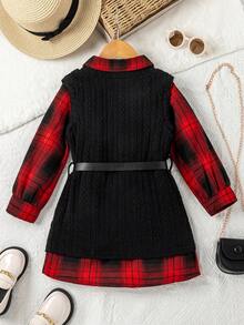 SHEIN Nhỏ bé Cô gái Cổ điển Kẻ sọc Đầm Với Đan Dệt hoa Áo vest , Đơn giản Và Đúng mốt - Đỏ - Xem 2