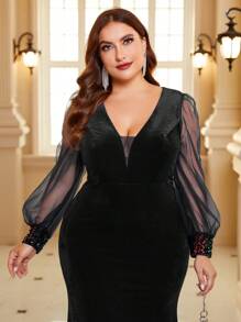 SHEIN Belle Của phụ nữ Kích thước lớn Lưới Cao eo Nàng tiên cá Hem Đầm - màu đen - Xem 7