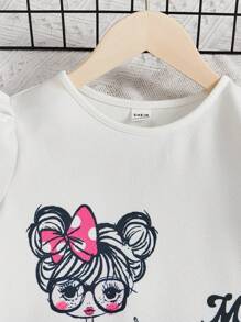 SHEIN 10~14歲少女鬆身休閒短袖連衣裙,採用角色和字母印花設計,採圓領設計 - 白色 - 查看 4