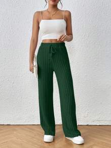 SHEIN Frenchy 純色條紋直筒褲 - 墨綠色 - 查看 4