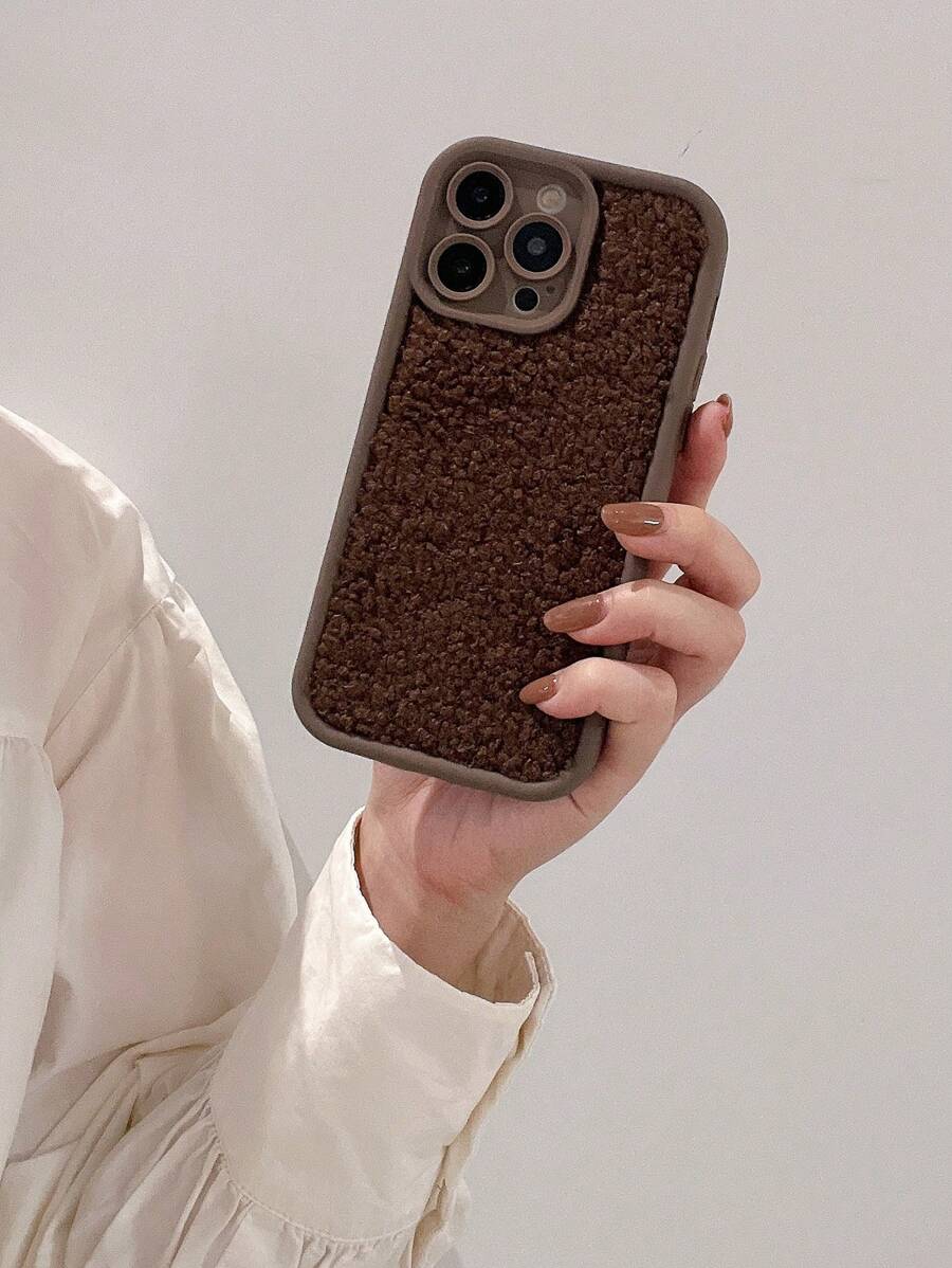 棕色毛絨暖手手機殼,適用於蘋果iPhone - 棕色 - 查看 1