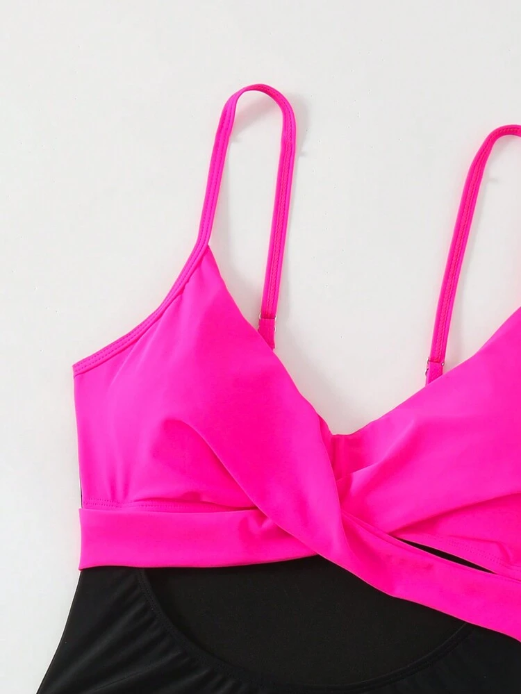 Women's Color Block Twist Front One-Piece Swimsuit,Summer Beach