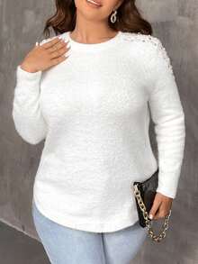 SHEIN Franclia 大尺寸純色珍珠鑲嵌毛衣 - 白色 - 查看 4