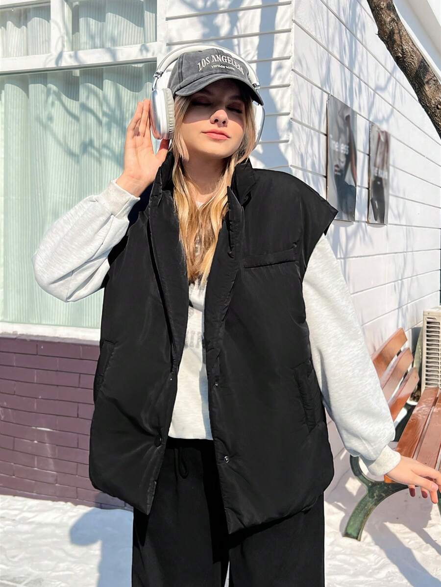 SHEIN EZwear Áo khoác đệm dệt không tay màu đen dành cho nữ - màu đen - Xem 1