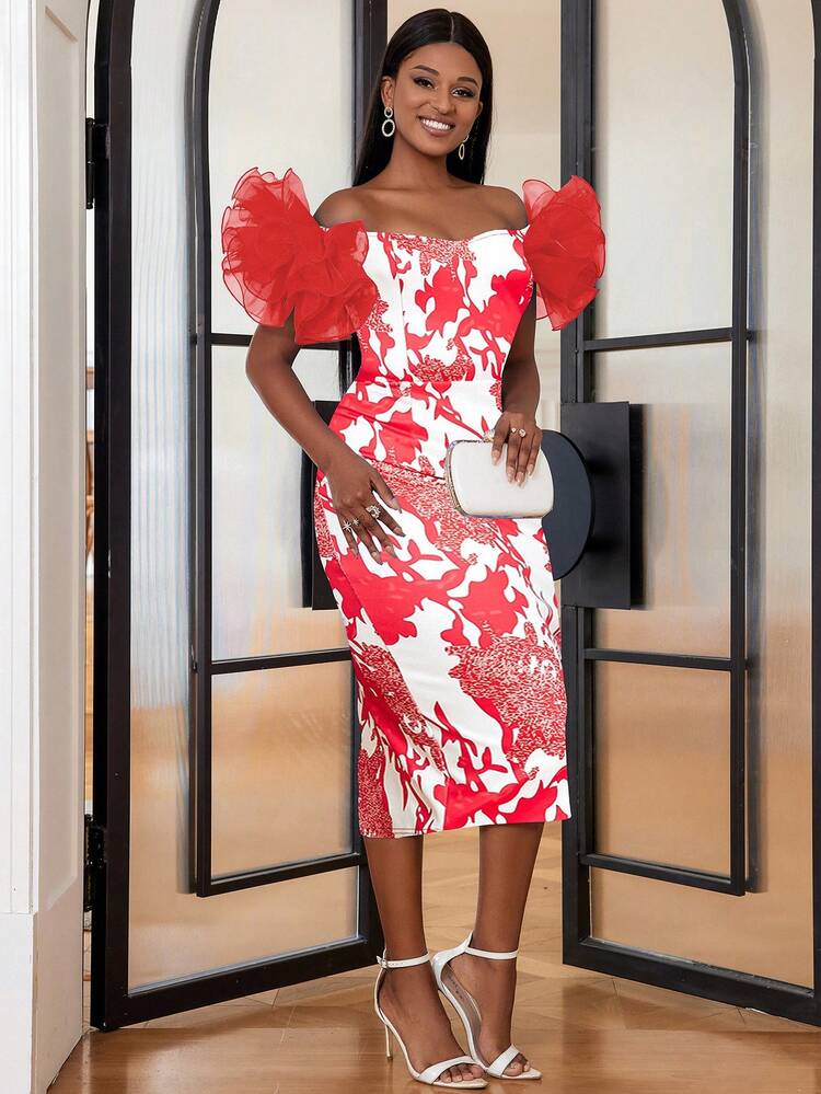 Vestido De Fiesta Impreso Con Decoración En Malla 3d - Rojo - Ver 3