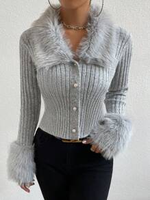 Allurite Của phụ nữ Lông Vòng cổ Tay áo dài Áo len Mở - Màu Xám nhạt - Xem 6