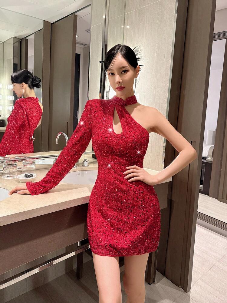 New Chinese Style Hollow Out Asymmetric Neckline Sequin Dress