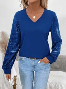 EMERY ROSE 女性運用亮片拼接的v領上衣 - 寶藍色 - 查看 1