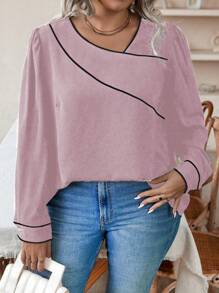 Calvaya Plus Size Contrast Color Asymmetrical Collar Rolled Edge Shirt - Pink - View 5