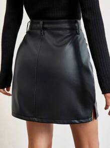 EURMUSE Women's Straight Denim Skirt With Slit And Diagonal Pockets - Black - View 2