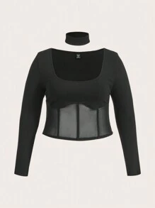 SHEIN ICON Plus Size Mesh Splice T-shirt - Black - View 1