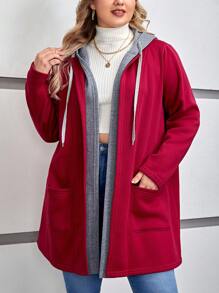 SHEIN LUNE Áo khoác trùm đầu có dây rút thời trang thu đông cho nữ cỡ lớn - Đỏ - Xem 3