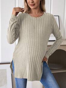 SHEIN Camiseta Premamá De Canalé Con Cuello Redondo Y Color Liso - Albaricoque - Ver 8