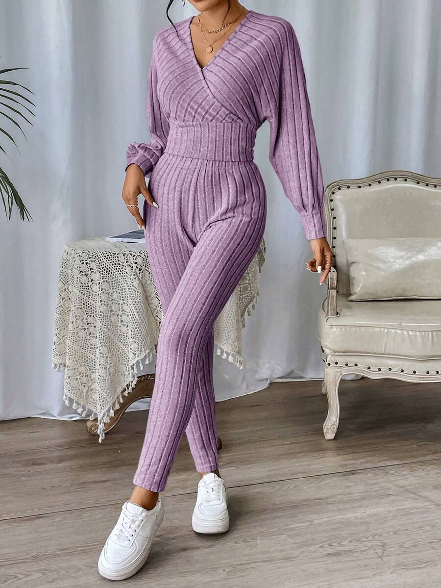 SHEIN Essnce 女士蝙蝠袖t恤與褲子的二件套裝 - 淡紫色 - 查看 1