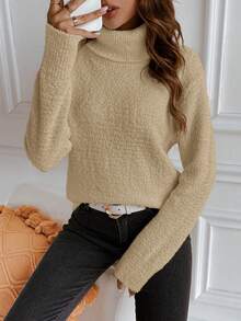 SHEIN Essnce 女款純色高領毛絨針織毛衣 - 卡其色 - 查看 7