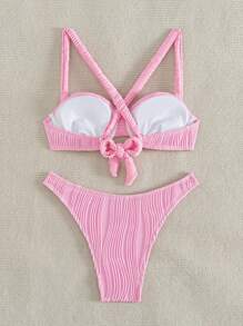 SHEIN Swim Summer Ladies' Texture Fabric Crossed Design Separates Suit - Pink - View 8