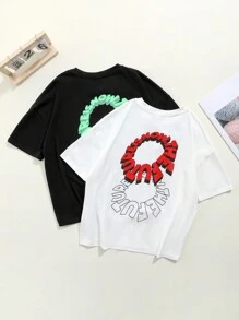 Boys And Girls Casual Letter Printed Round Neck Pullover Knitted Loose T-shirt In Two Colors, One In Each Color